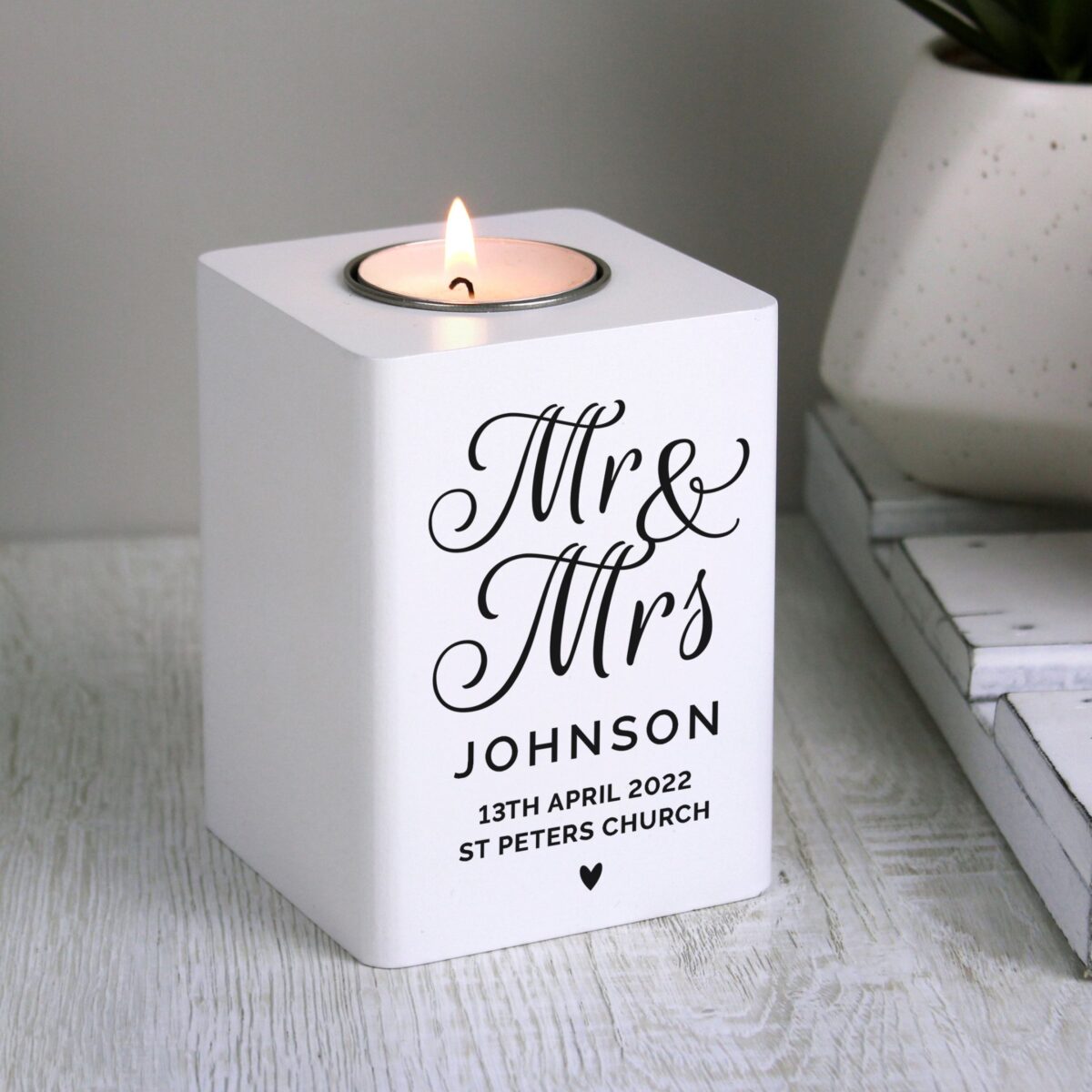 Personalised mr mrs white wooden tea light holder