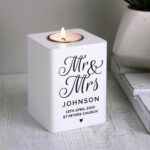 Personalised Mr & Mrs White Wooden Tea light Holder: 1 - Candle Holders By Gift Moments