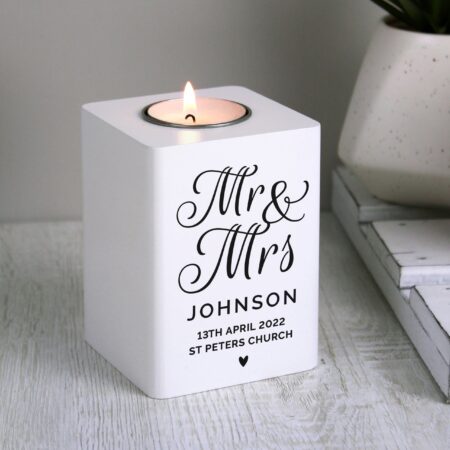 Personalised mr mrs white wooden tea light holder