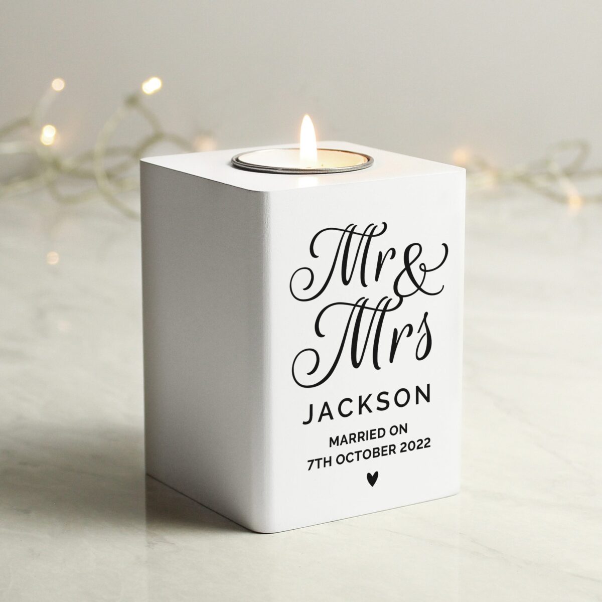 Personalised mr mrs white wooden tea light holder