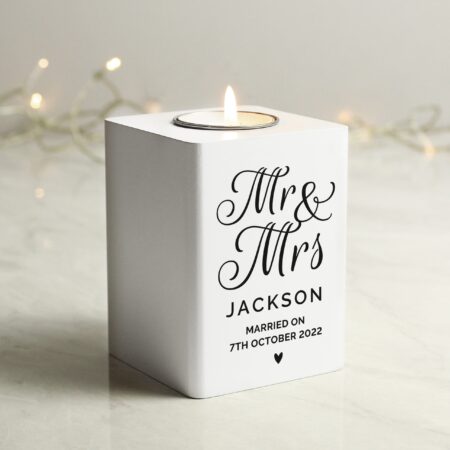 Personalised mr mrs white wooden tea light holder