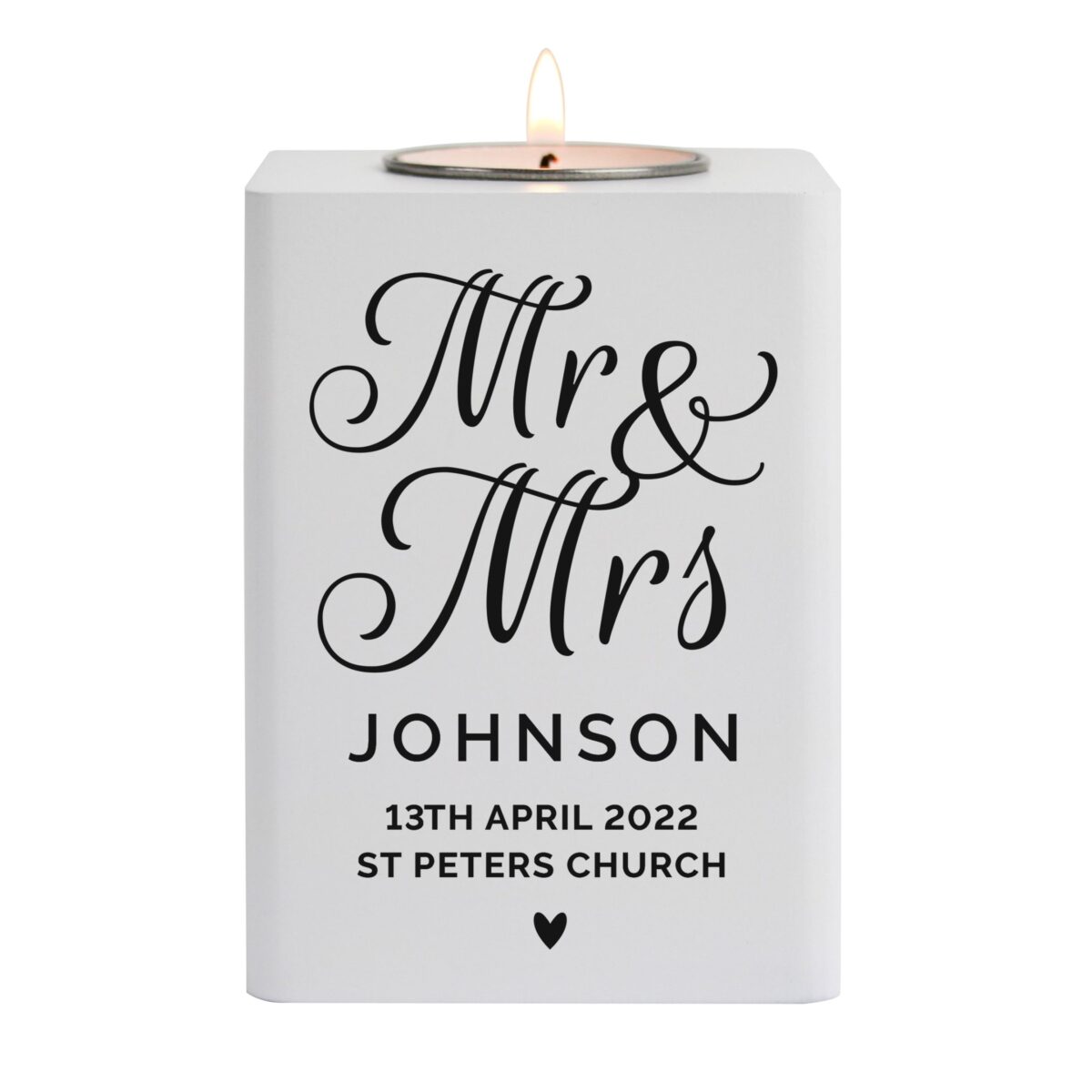 Personalised mr mrs white wooden tea light holder