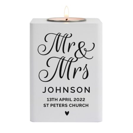 Personalised mr mrs white wooden tea light holder