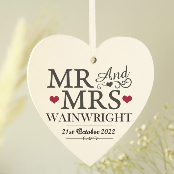 Personalised Mr & Mrs Wooden Heart Decoration: 2 - Decorations By Gift Moments