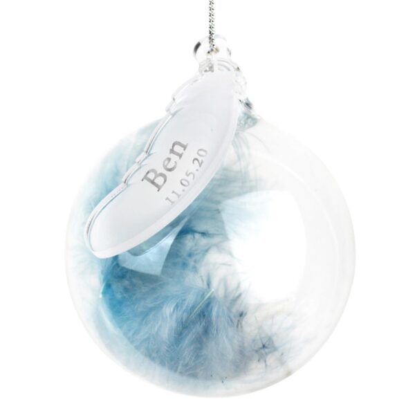 Personalised Name & Date Blue Feather Glass Bauble: 2 - Christmas Baubles By Gift Moments