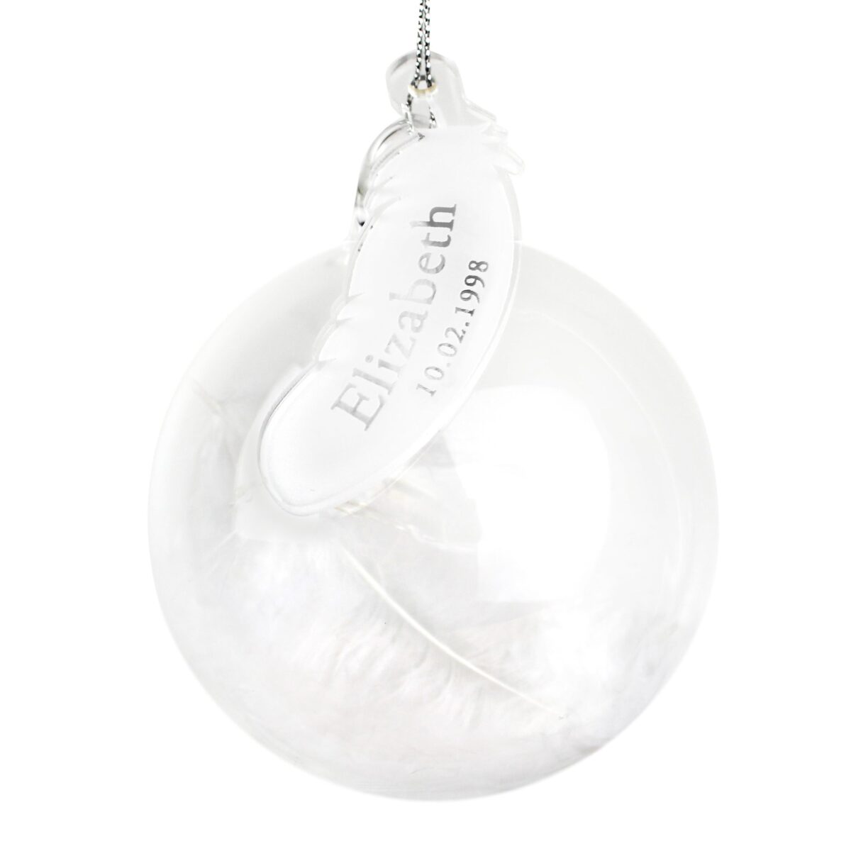 Personalised name date feather glass bauble