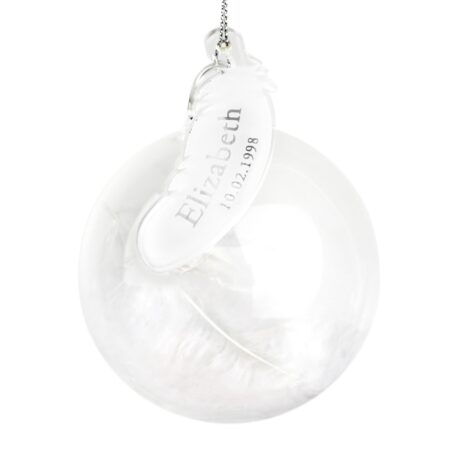 Personalised name date feather glass bauble