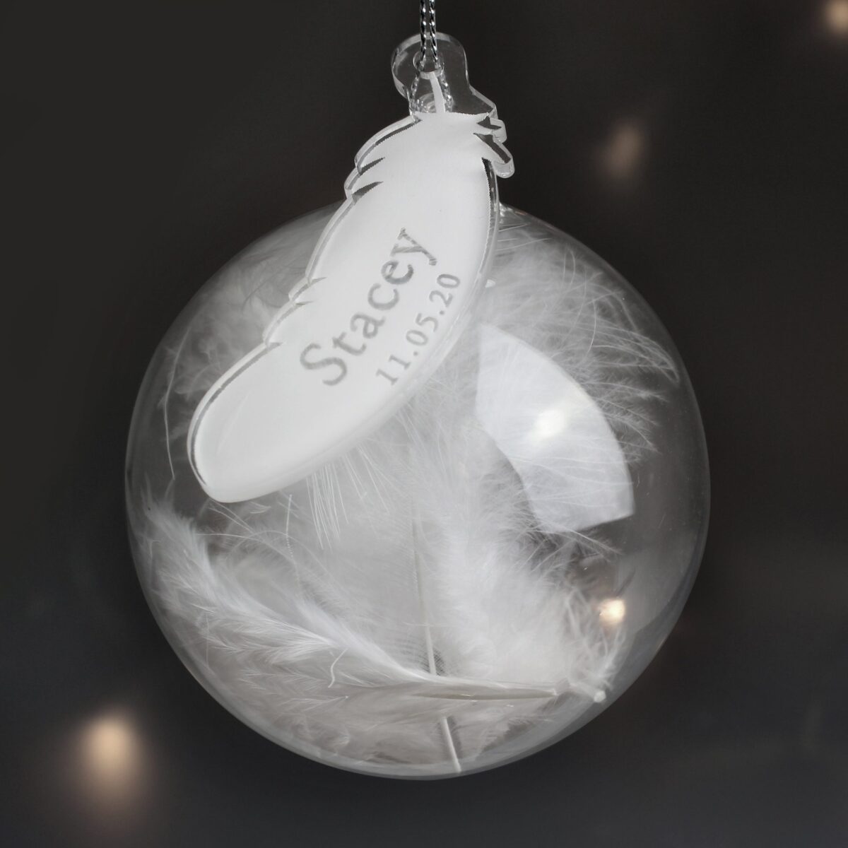 Personalised name date feather glass bauble