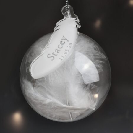 Personalised name date feather glass bauble