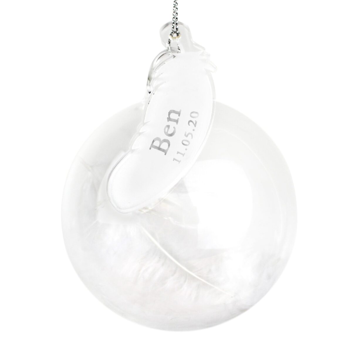 Personalised name date feather glass bauble