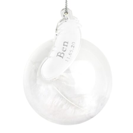 Personalised name date feather glass bauble