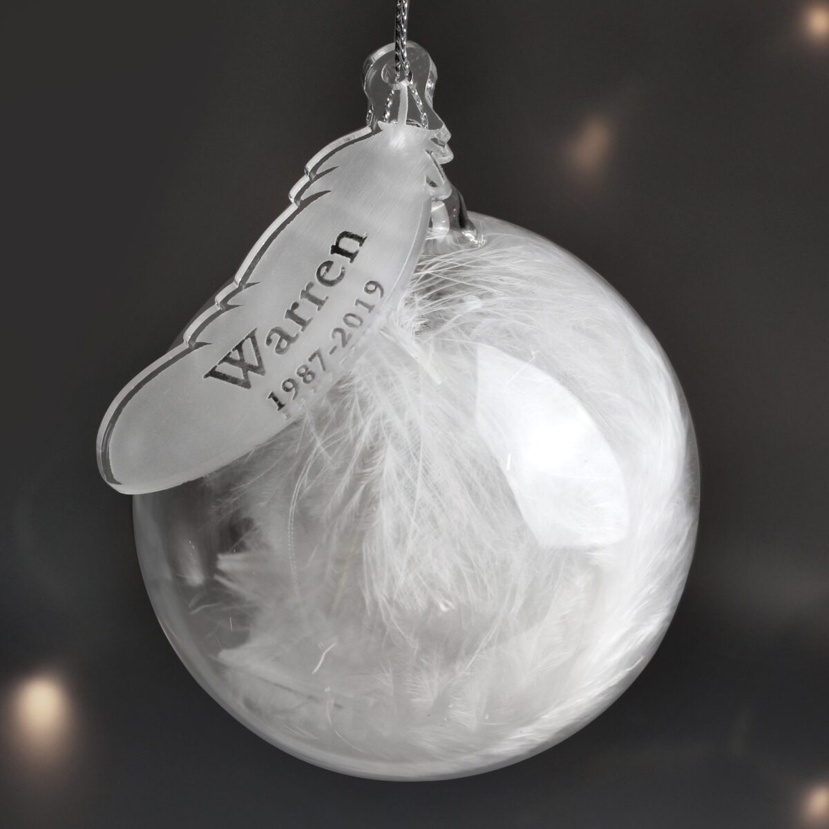 Personalised name date feather glass bauble