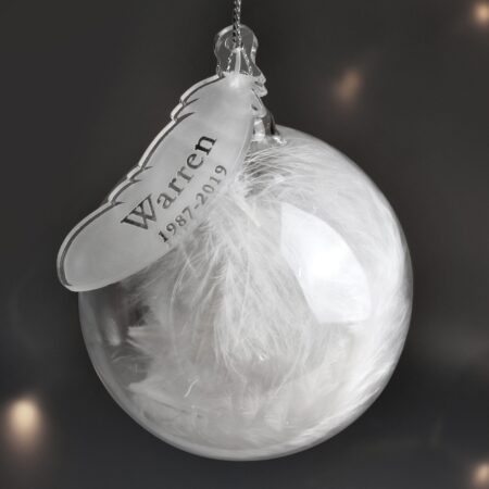 Personalised name date feather glass bauble