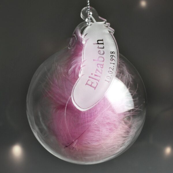 Personalised Name & Date Pink Feather Glass Bauble: 1 - Christmas Baubles By Gift Moments