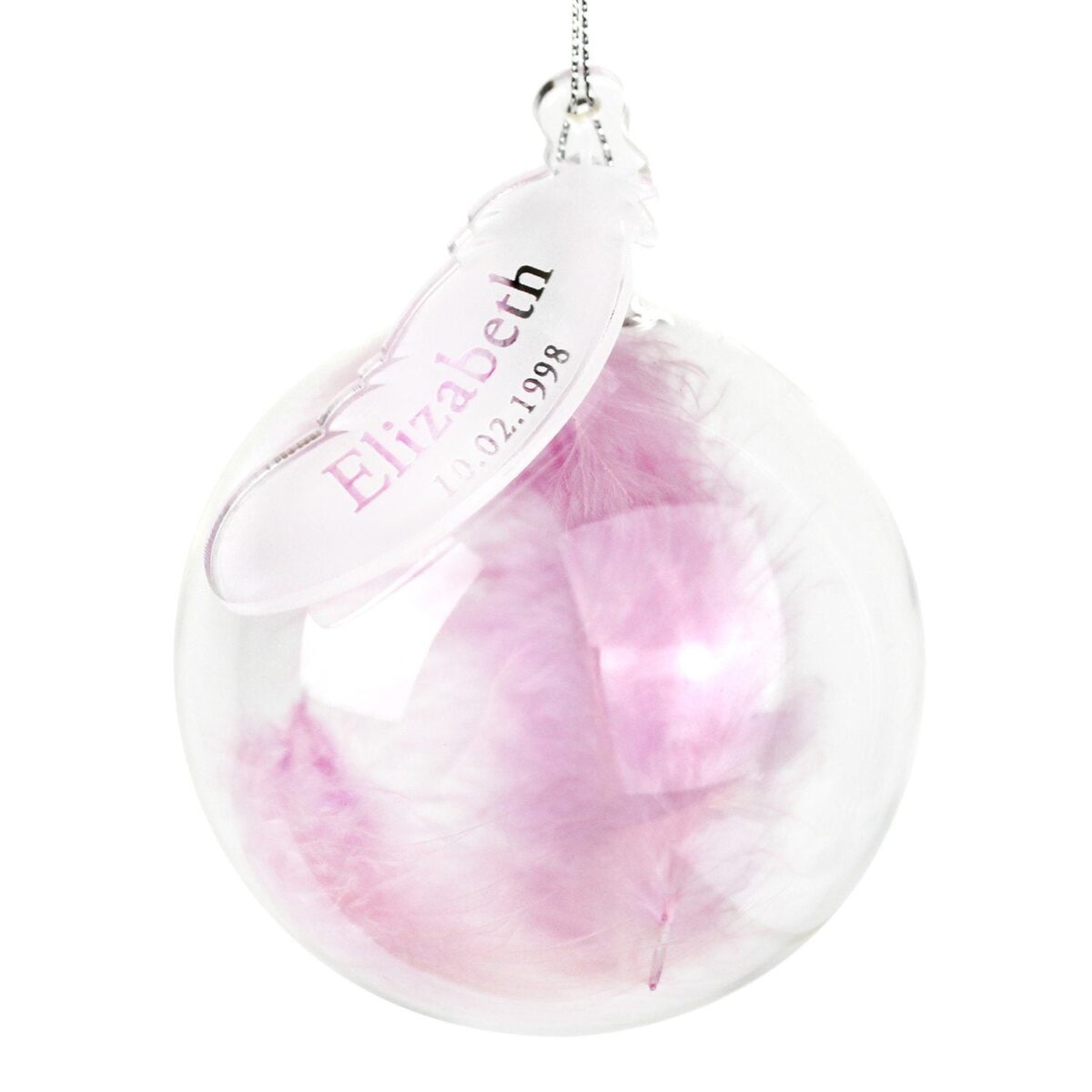 Personalised Name & Date Pink Feather Glass Bauble: 2 - Christmas Baubles By Gift Moments