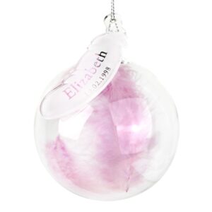 Personalised Name & Date Pink Feather Glass Bauble: 2 - Christmas Baubles By Gift Moments
