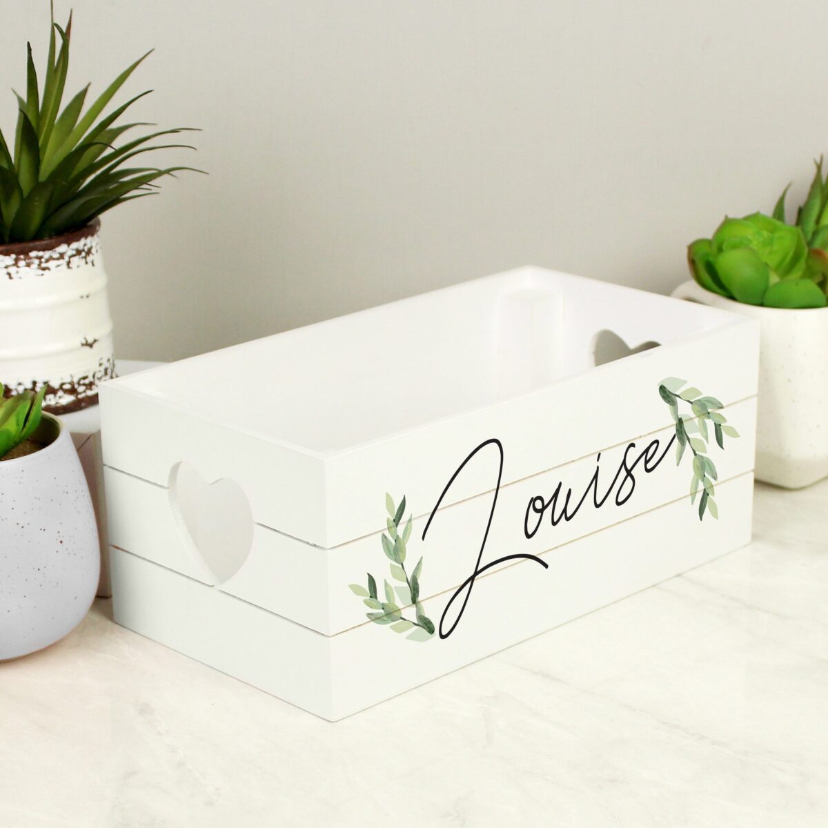 Personalised name only botanical white wooden crate