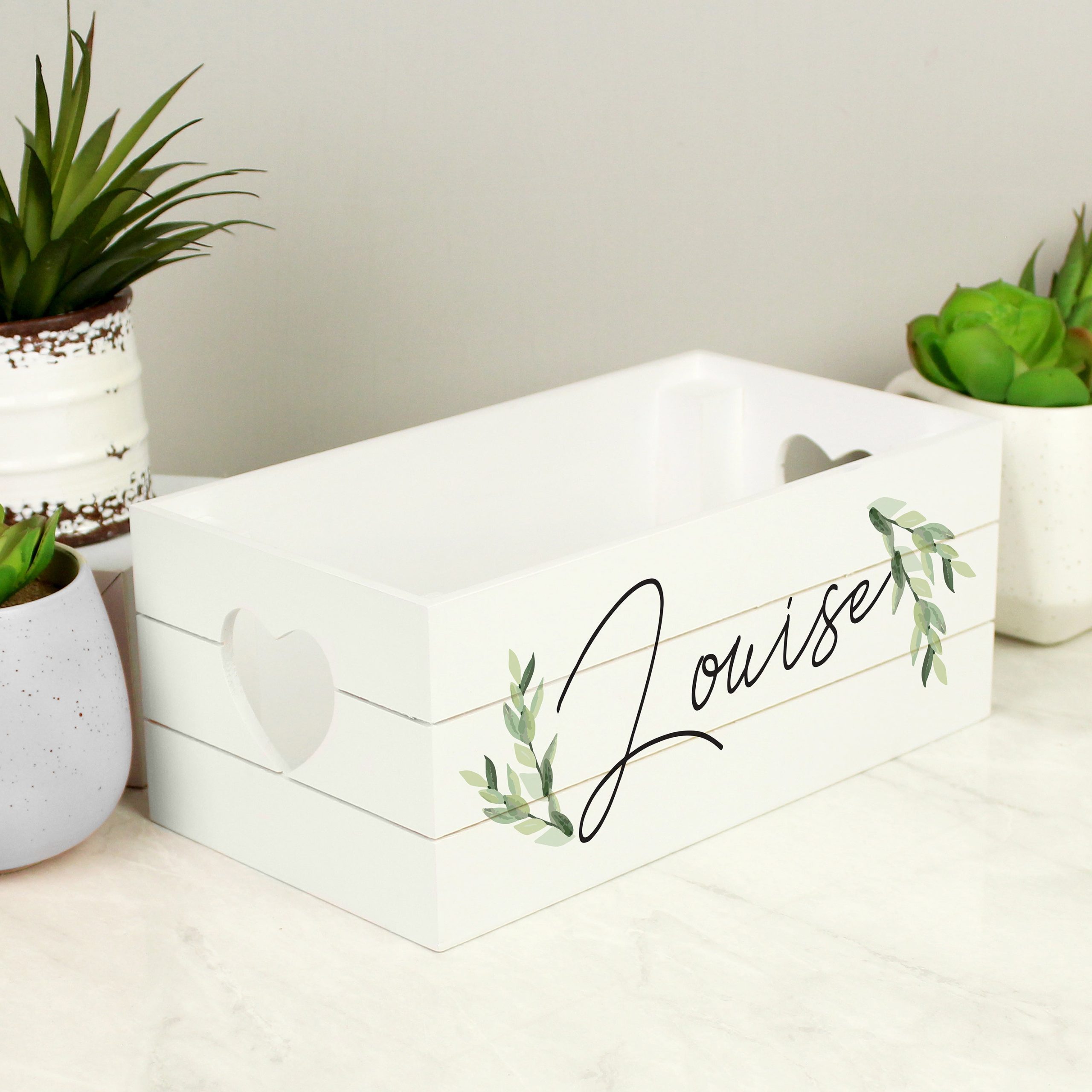 Personalised name only botanical white wooden crate