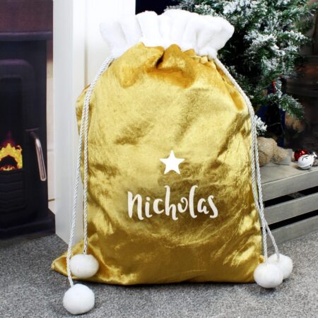 Personalised Name Only Gold Luxury Pom Pom Sack: 1 - Christmas Sacks By Gift Moments