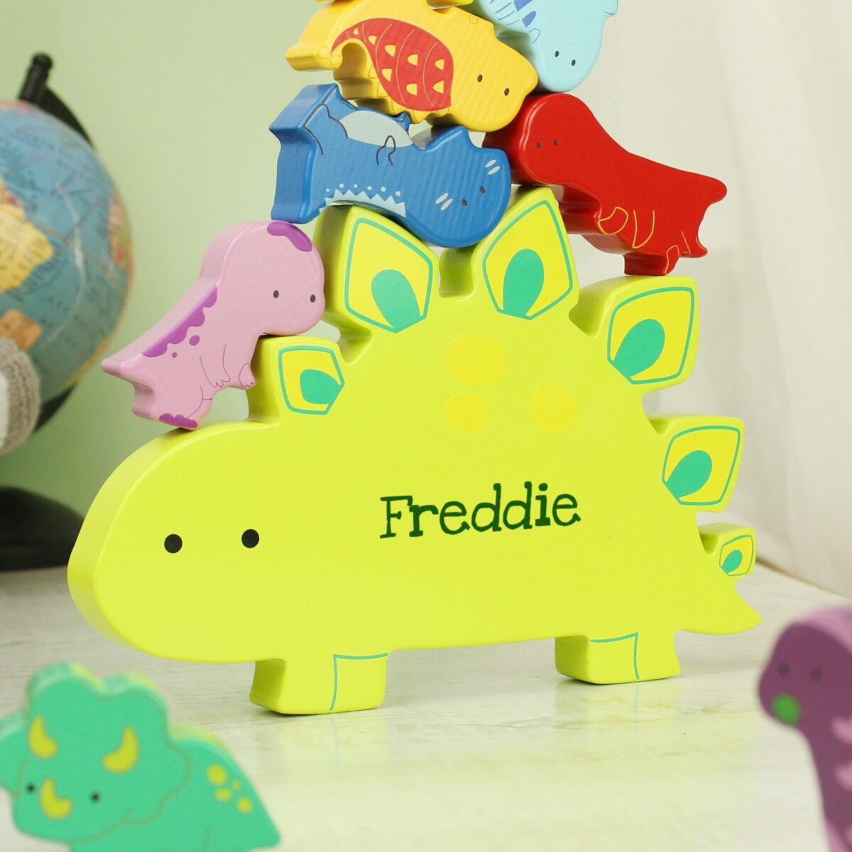 Personalised name only wooden dinosaur stacker toy