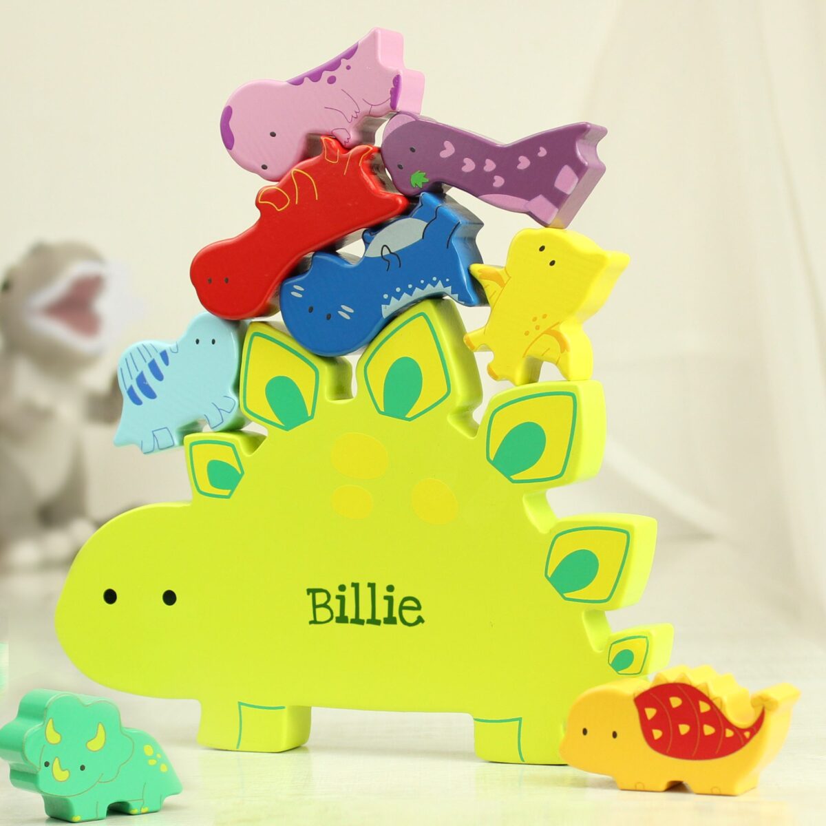 Personalised name only wooden dinosaur stacker toy