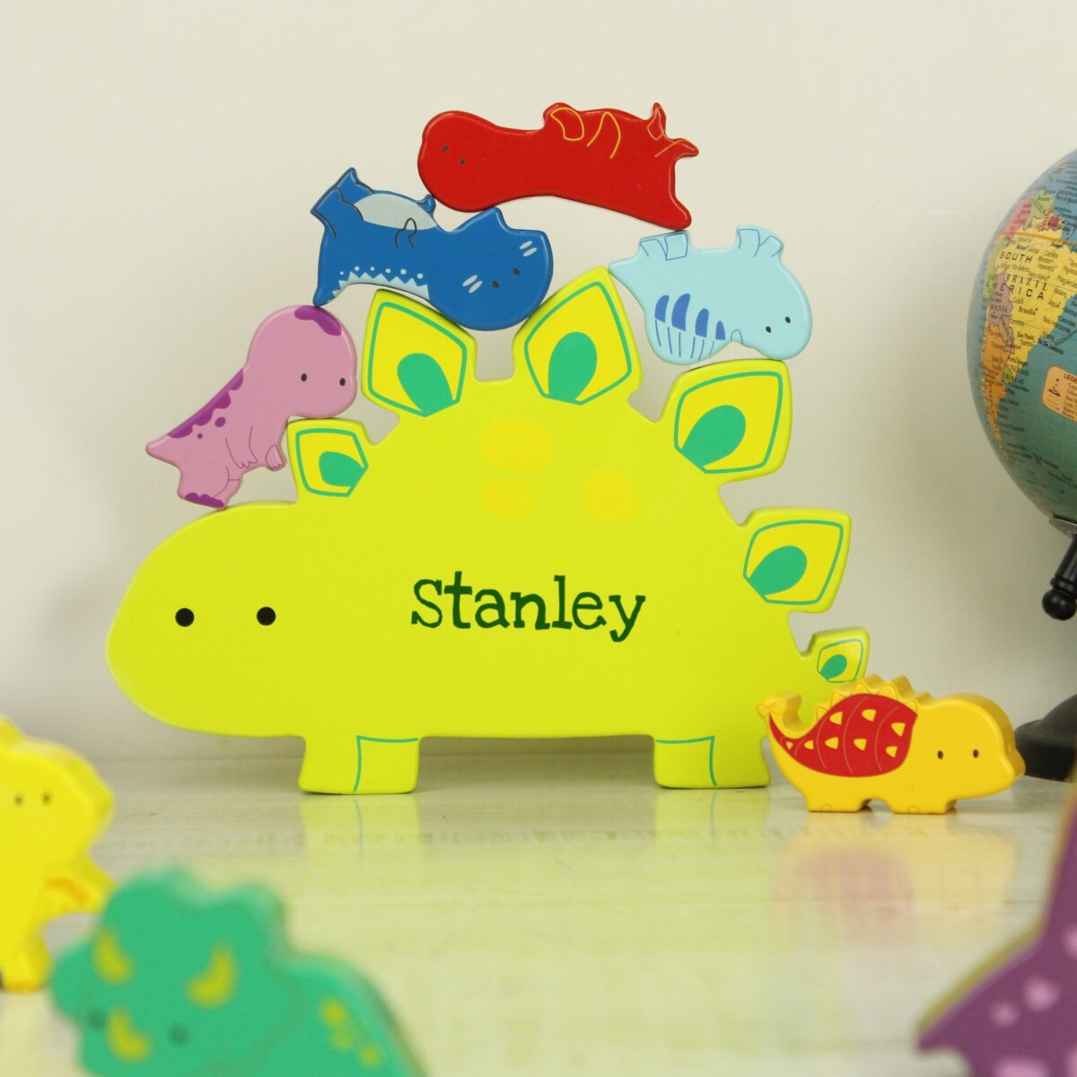 Personalised name only wooden dinosaur stacker toy