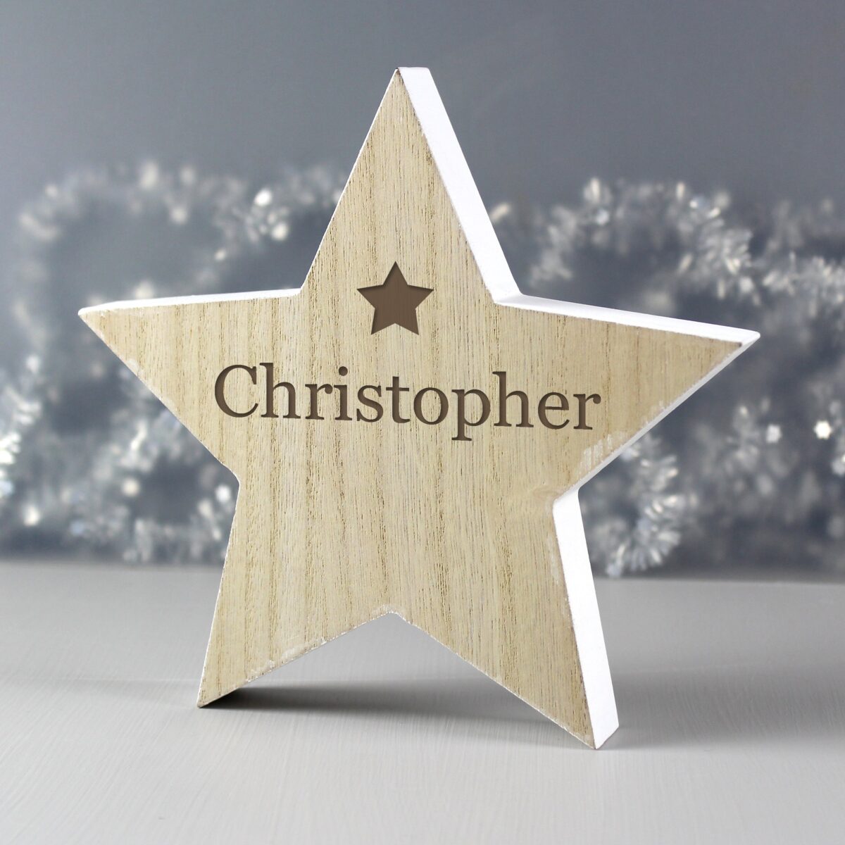 Personalised name rustic wooden star decoration