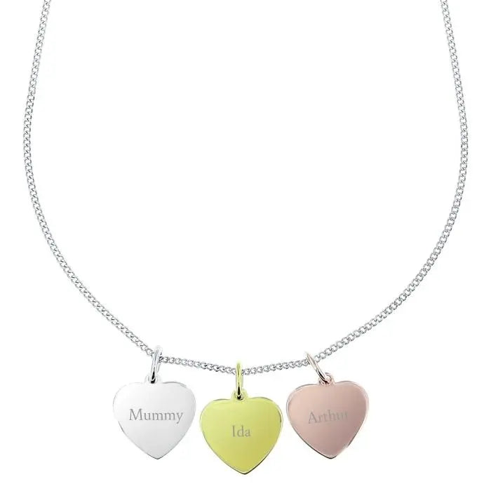Personalised Names Gold Rose Gold and Silver 3 Hearts Necklace: 3 - Necklaces By Gift Moments