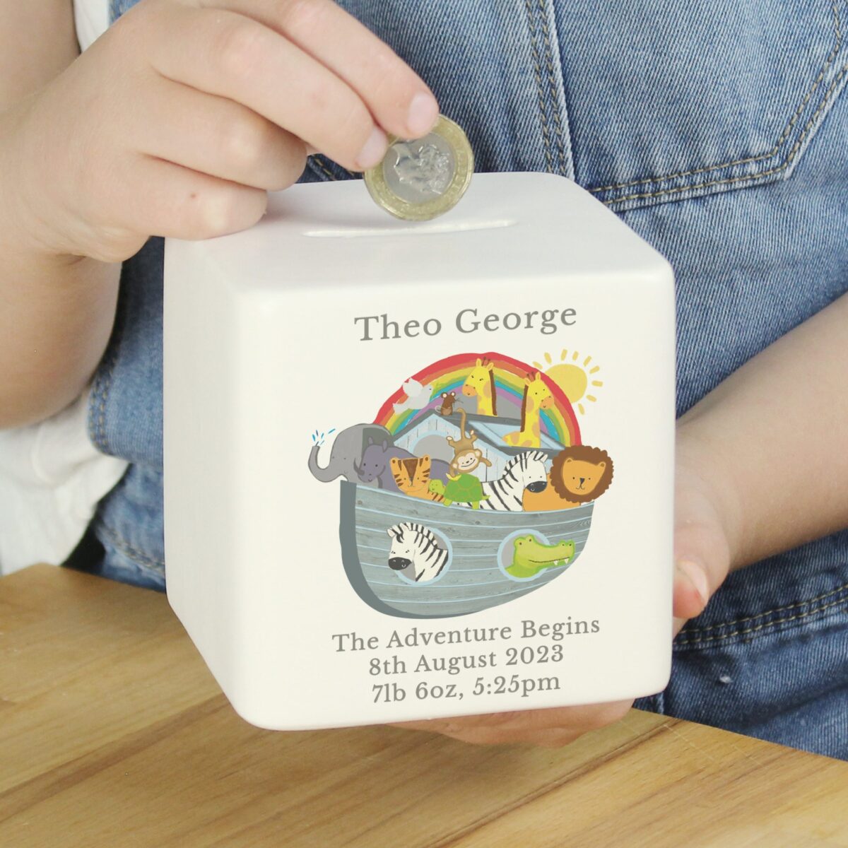 Personalised Noahs Ark Ceramic Square Money Box: 2 - Money Boxes By Gift Moments