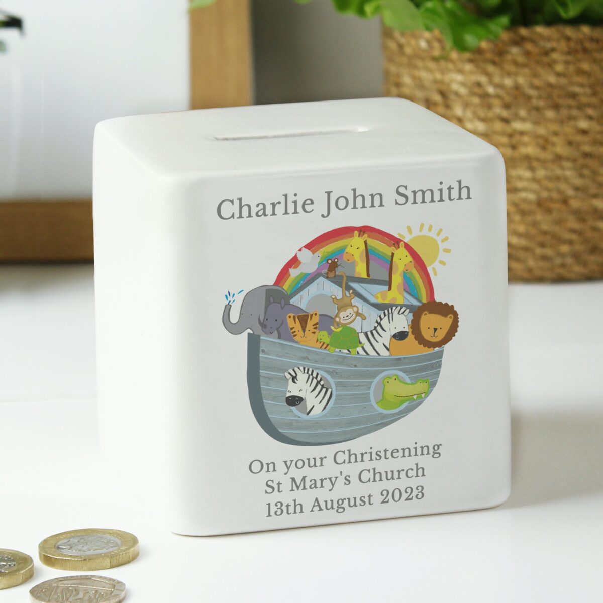 Personalised Noahs Ark Ceramic Square Money Box: 4 - Money Boxes By Gift Moments