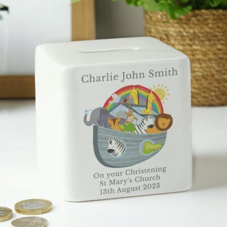 Personalised Noahs Ark Ceramic Square Money Box: 4 - Money Boxes By Gift Moments