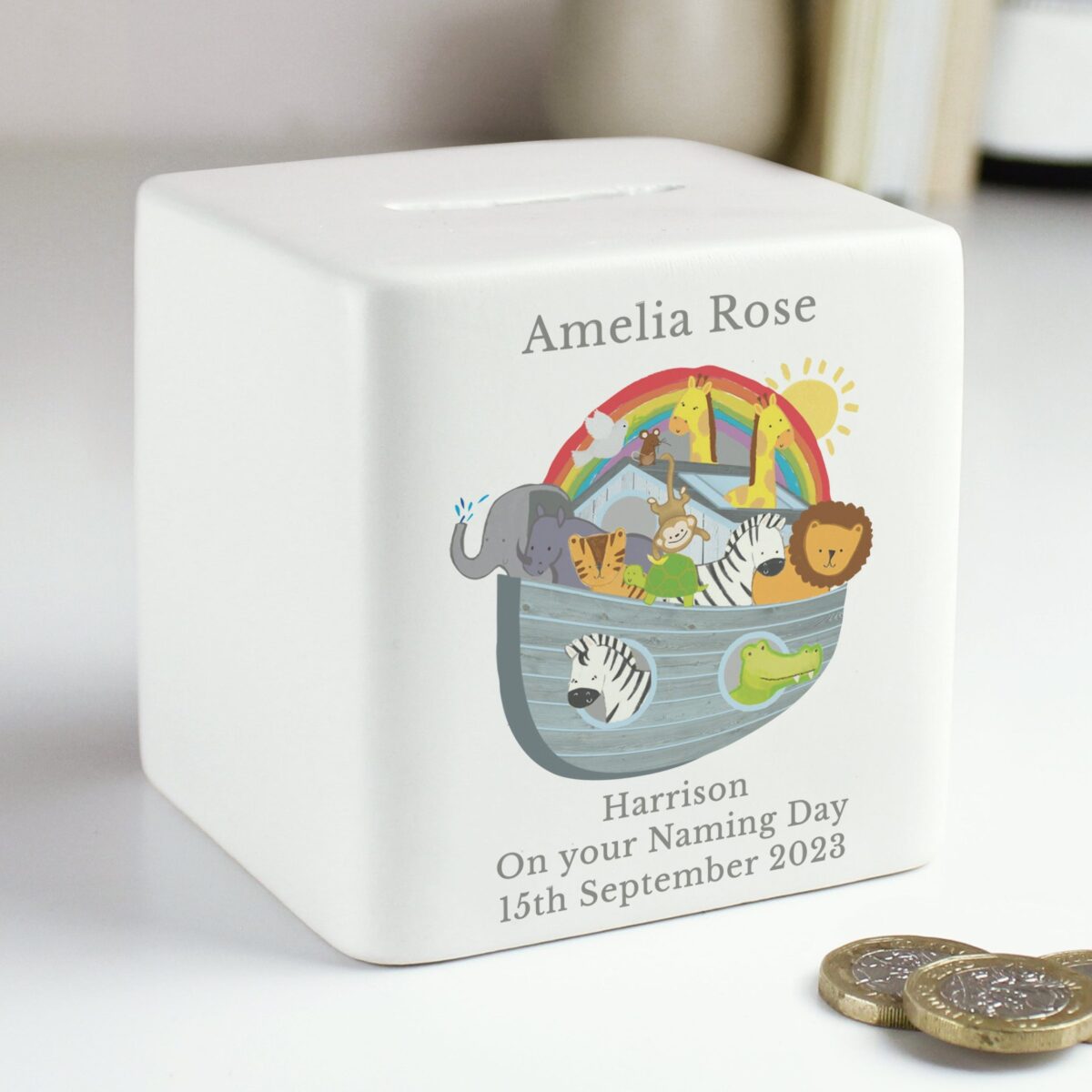 Personalised Noahs Ark Ceramic Square Money Box: 3 - Money Boxes By Gift Moments