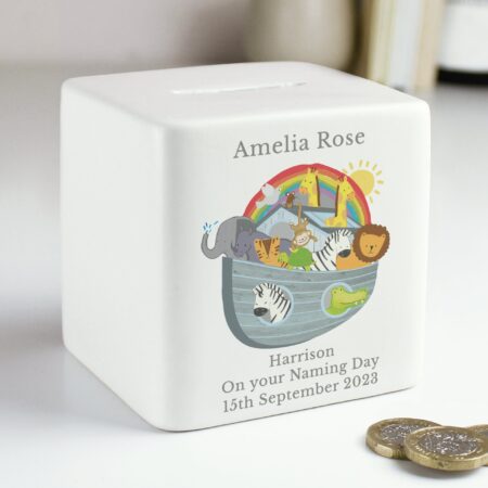 Personalised Noahs Ark Ceramic Square Money Box: 3 - Money Boxes By Gift Moments