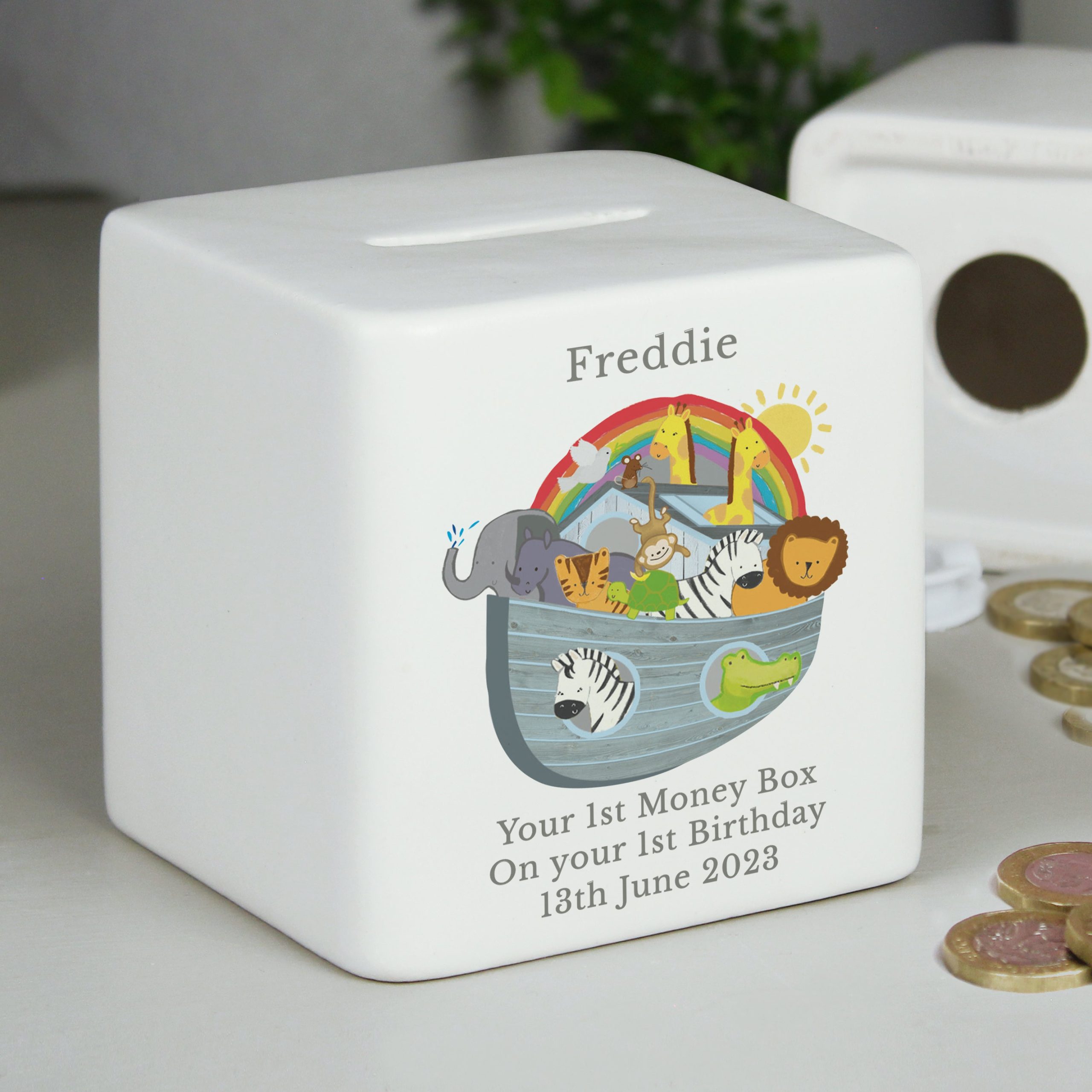 Personalised Noahs Ark Ceramic Square Money Box: 1 - Money Boxes By Gift Moments