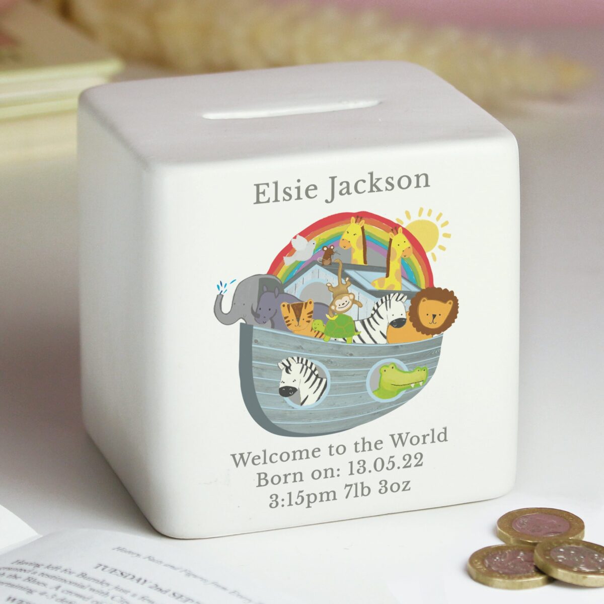 Personalised Noahs Ark Ceramic Square Money Box: 5 - Money Boxes By Gift Moments