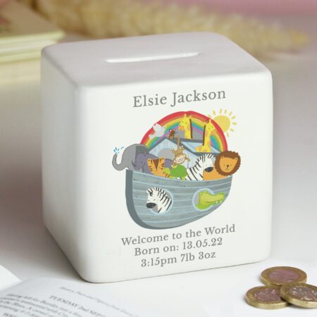 Personalised Noahs Ark Ceramic Square Money Box: 5 - Money Boxes By Gift Moments