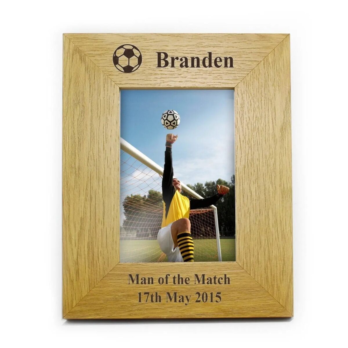 Personalised oak finish 6x4 football photo frame