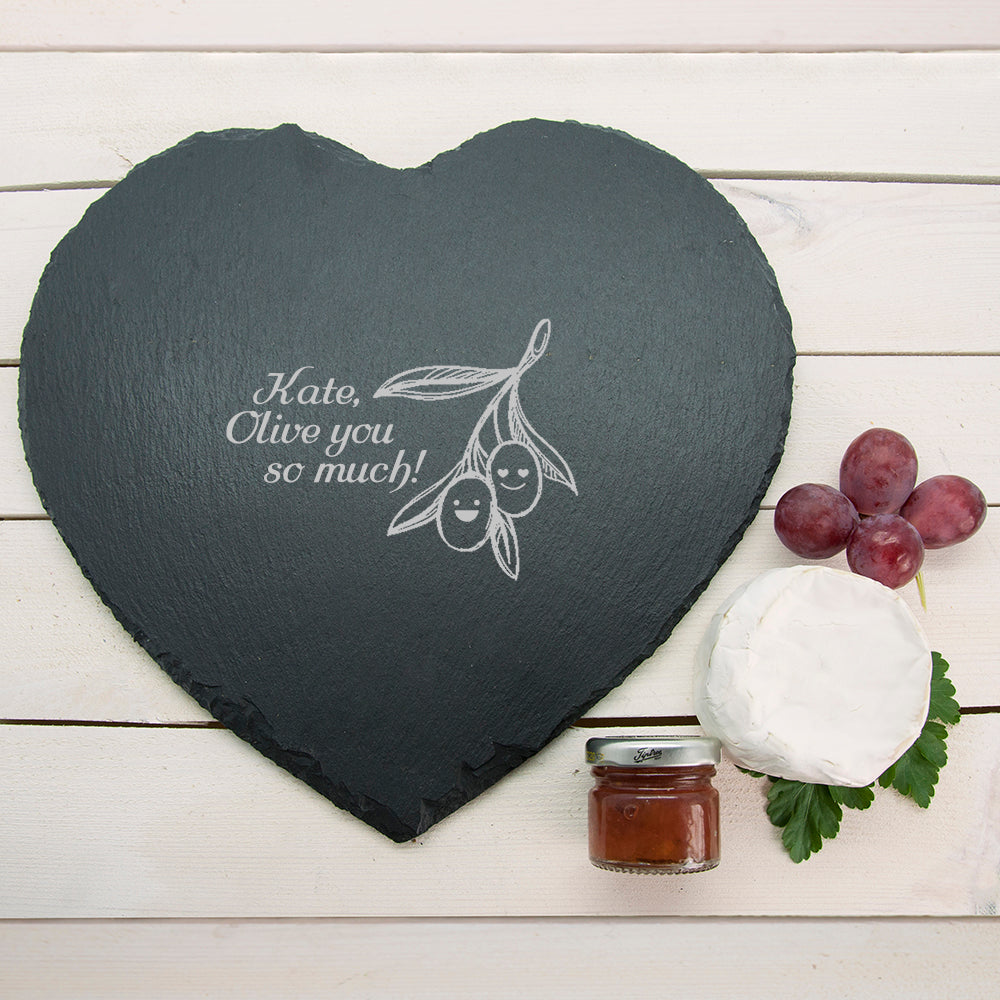 Personalised ’Olive You So Much’ Heart Slate Cheese Board: 2 - Cheese Boards By Gift Moments