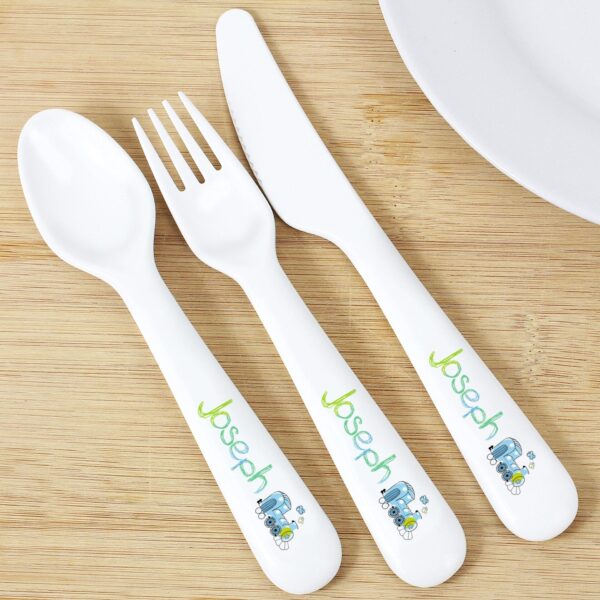 Personalised Patchwork Train 3 Piece Plastic Cutlery Set: 1 - Cutlery Sets By Gift Moments