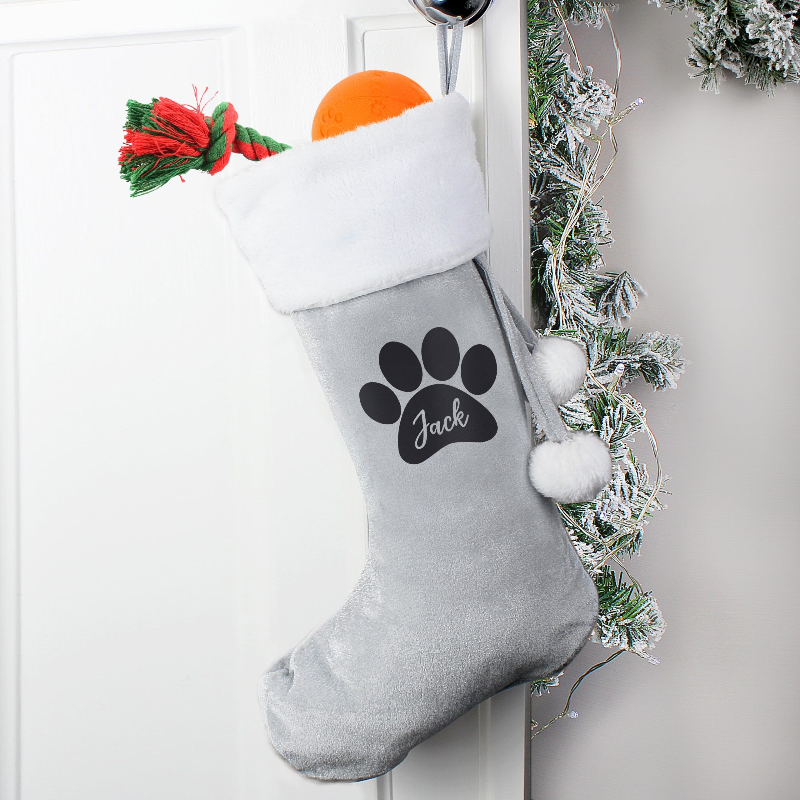 Personalised Paw Print Silver Grey Stocking: 1 - Christmas Stockings By Gift Moments