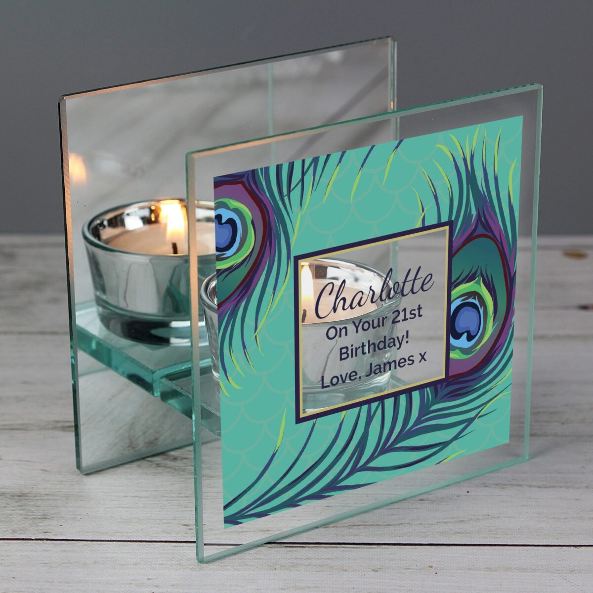 Personalised Peacock Mirrored Glass Tea Light Candle Holder: 1 - Candle Holders By Gift Moments
