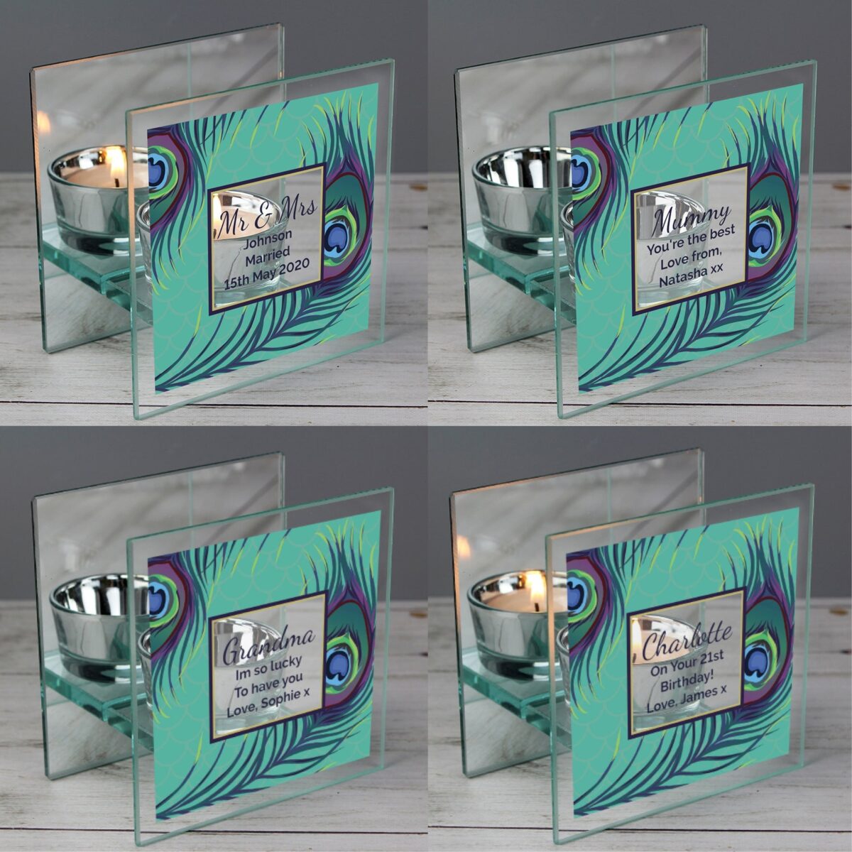 Personalised Peacock Mirrored Glass Tea Light Candle Holder: 4 - Candle Holders By Gift Moments