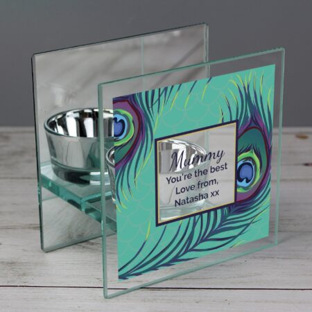 Personalised Peacock Mirrored Glass Tea Light Candle Holder: 5 - Candle Holders By Gift Moments