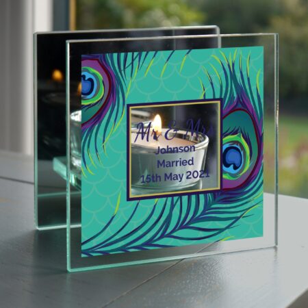 Personalised Peacock Mirrored Glass Tea Light Candle Holder: 2 - Candle Holders By Gift Moments