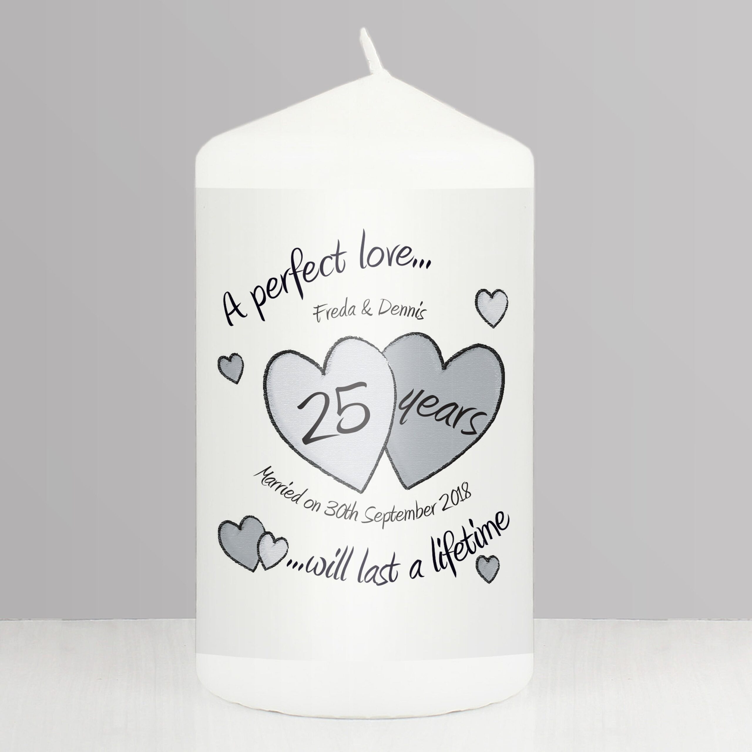Personalised A Perfect Love Silver Anniversary Pillar Candle: 1 - Candles By Gift Moments