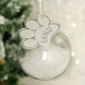 Personalised Pets White Feather Glass Bauble With Paw Print Tag: 1 - Christmas Baubles By Gift Moments