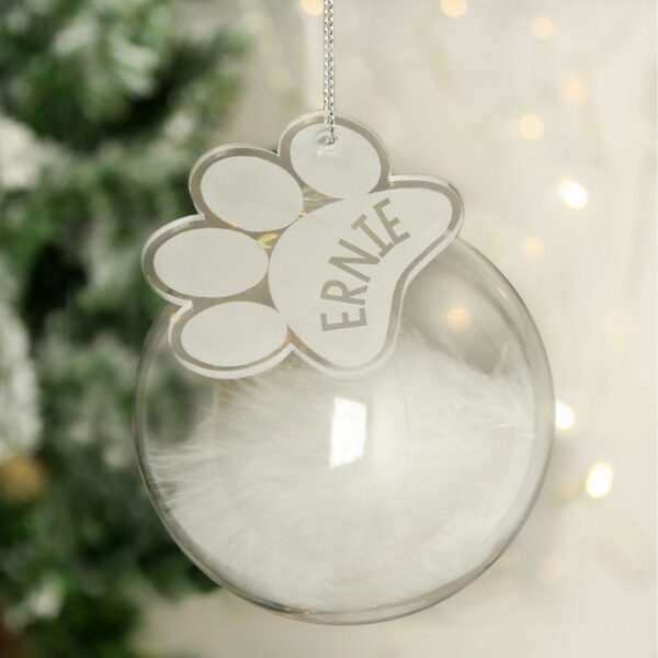 Personalised Pets White Feather Glass Bauble With Paw Print Tag: 1 - Christmas Baubles By Gift Moments