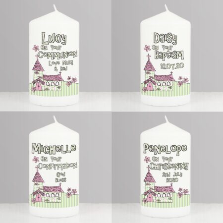 Personalised Pink Church Pillar Candle: 3 - Candles By Gift Moments