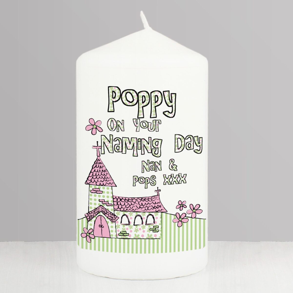Personalised Pink Church Pillar Candle: 1 - Candles By Gift Moments