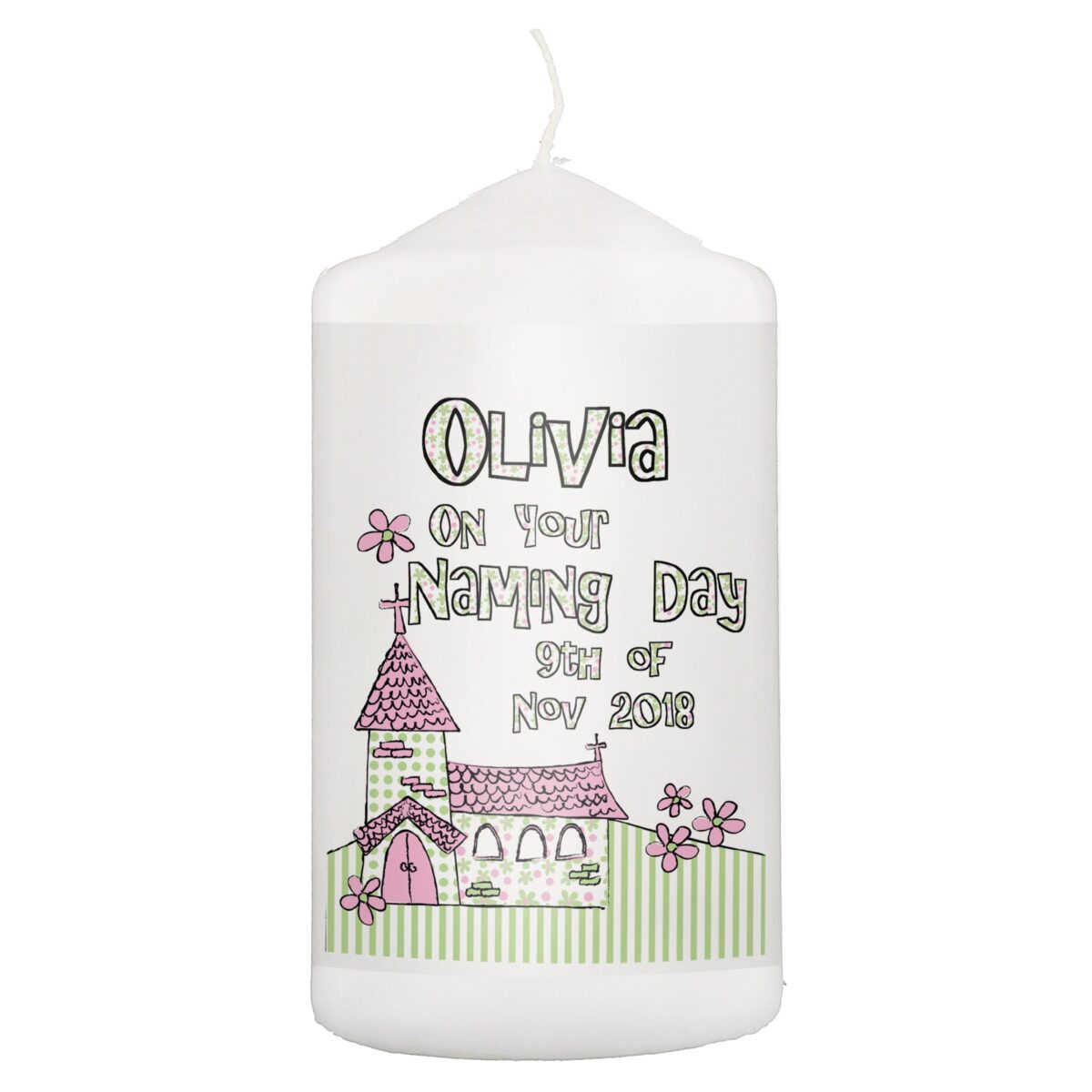 Personalised Pink Church Pillar Candle: 2 - Candles By Gift Moments